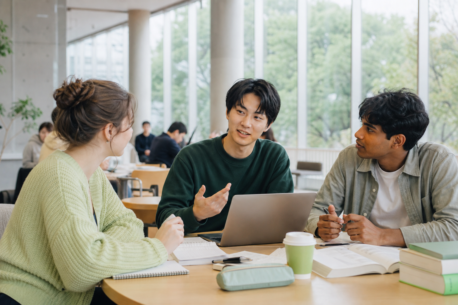 大学の共同作業で、外国人の仲間と自然に意見を交わす若者